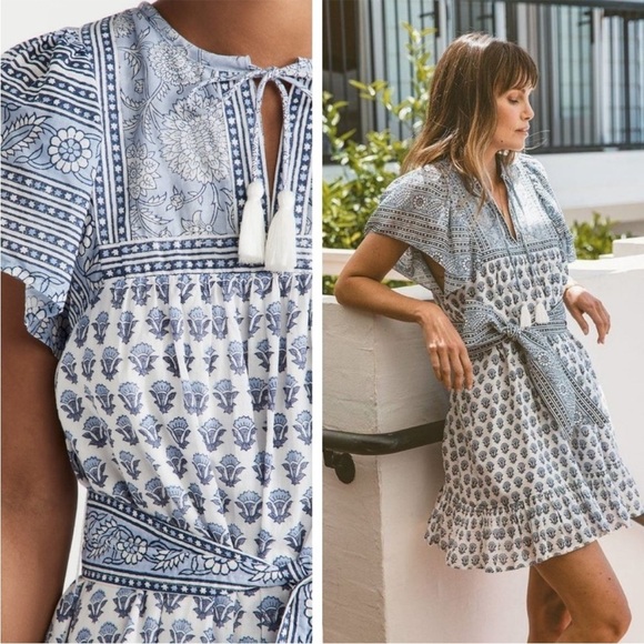 Cleobella Leah Mini Dress Blue White Hydrangea Floral Flutter Sleeve Belt Size M - Picture 13 of 15